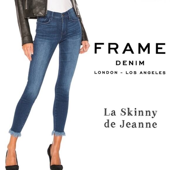Frame Le Skinny de Jeanne Crop Cantine Stretch Raw Frayed Hem Dark Wash Size 26 - Picture 2 of 12